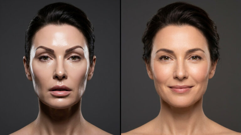 Rostro congelado inexpresivo vs rostro relajado con movimiento natural tras aplicacion de toxina botulinica
